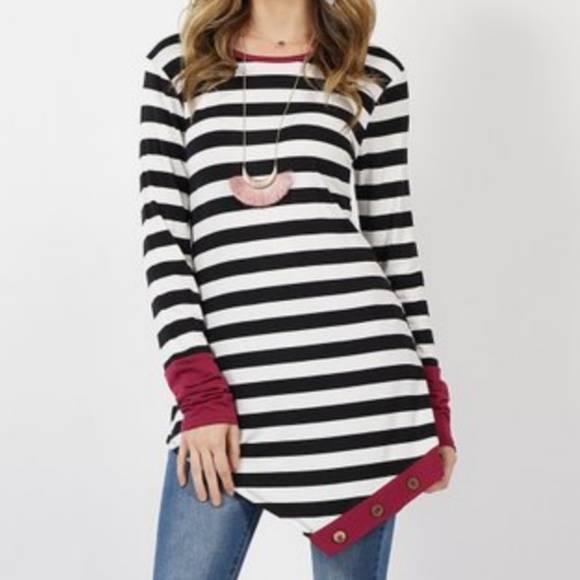 Tops - Wine Stripe-Contrast Asymmetric Tunic